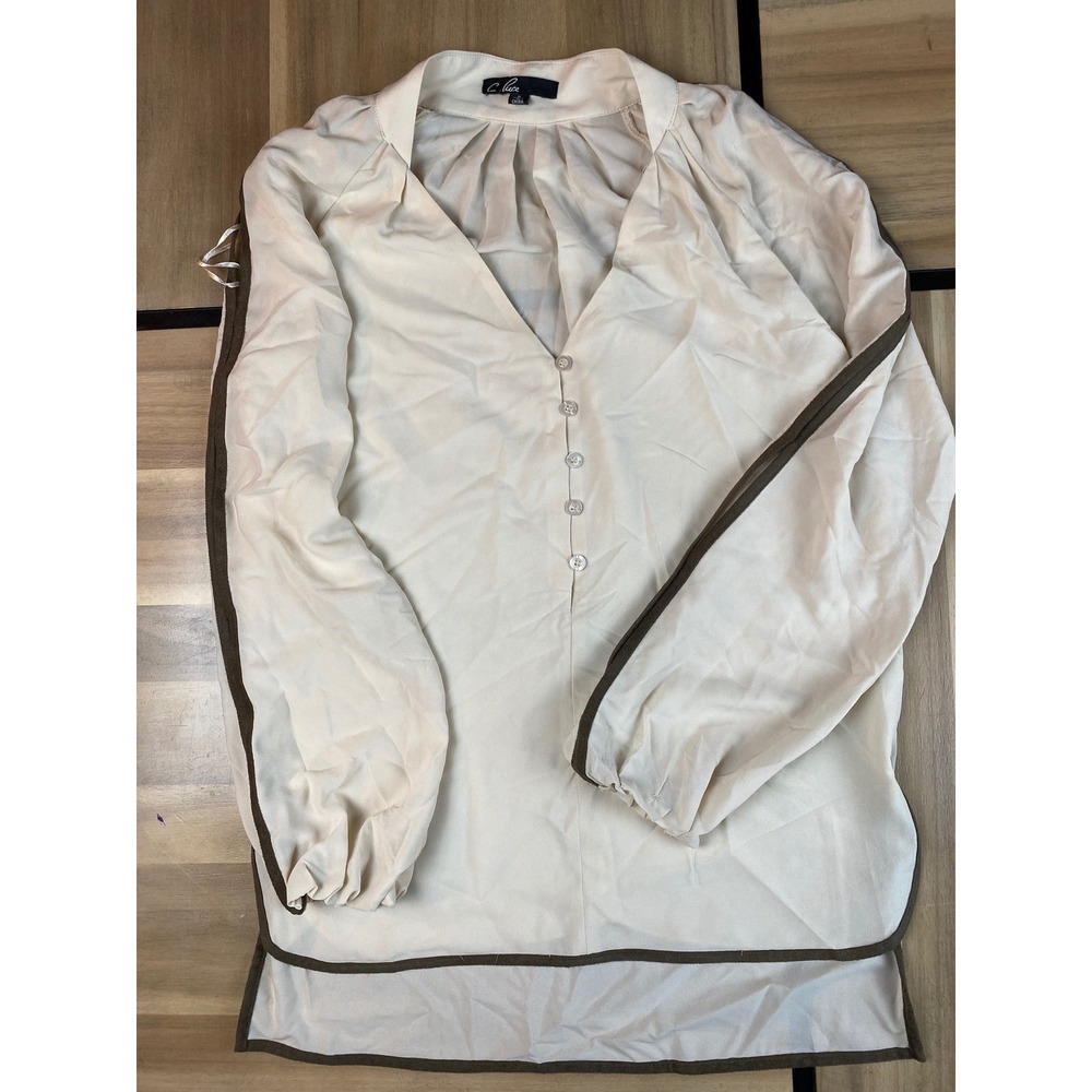 C. Luce Women's Beige Long Sleeve Button Down Blouse‎ Top Size S